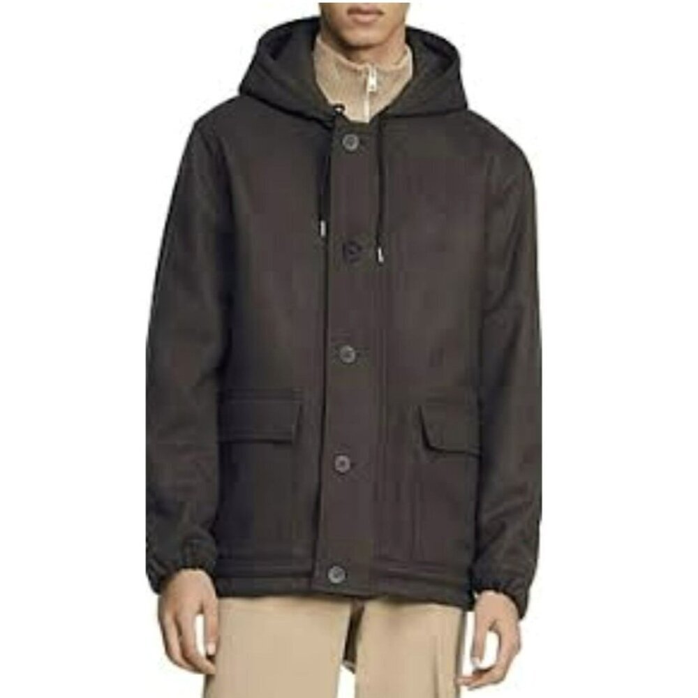 Sandro $845 Wool Blend Hooded Jacket Size XXL Khaki NWT